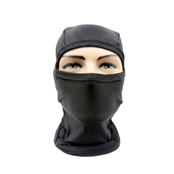 Balaclava abatible negra en licra microperforada de alta transpirabilidad. Pasamontañas táctico ligero con tecnología mesh que cubre cabeza, cuello y rostro. Ideal para motociclismo, airsoft y clima cálido en Colombia. Disponible en ARMY STORE