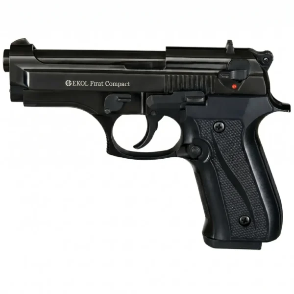 Pistola traumática Ekol Firat Compact calibre 9mm P.A. negra. Arma de señales compacta tipo Beretta para defensa personal y porte oculto. Diseño ergonómico, segura y confiable para protección del hogar en Colombia. Disponible en ARMY STORE con envíos a Bogotá, Medellín y Cali.