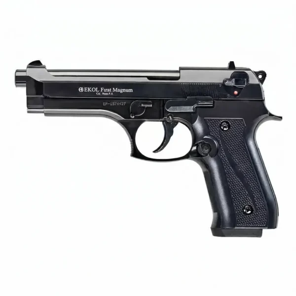 Pistola traumática Ekol Firat Magnum calibre 9mm P.A. negra. Arma de señales adaptable para defensa personal con cartuchos de impacto y gas. Diseño ergonómico tipo service para seguridad privada y entrenamiento táctico en Colombia. Disponible en ARMY STORE con envíos a Bogotá, Medellín y Cali. Tulúa, Buga, Armenia.