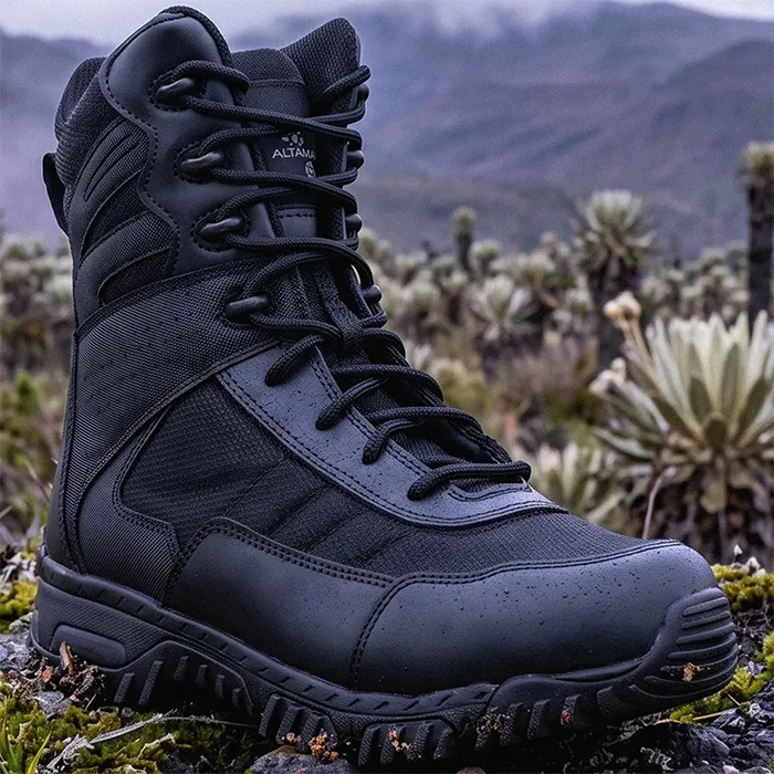 Botas tácticas Altama Vengeance SR 8 pulgadas color negro con cremallera lateral YKK para policía, ejército y uso operacional en Colombia - Suela antideslizante carbono, cuero grano completo y malla transpirable - Tienda fisica Buga, Cali, valle con Envíos a Bogotá, Medellín nacional