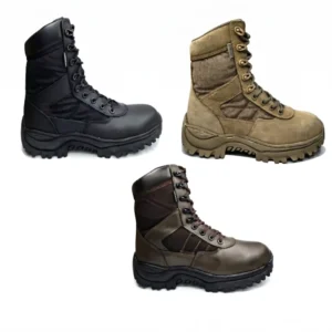 Bota tenis militar marca Nacional modelo Everest en colores negro, café y arena. Calzado de combate con suela antideslizante, cuero y lona reforzada para Ejército, Policía y trabajo rudo en Colombia. Envíos a Bogotá, Medellín, Cali