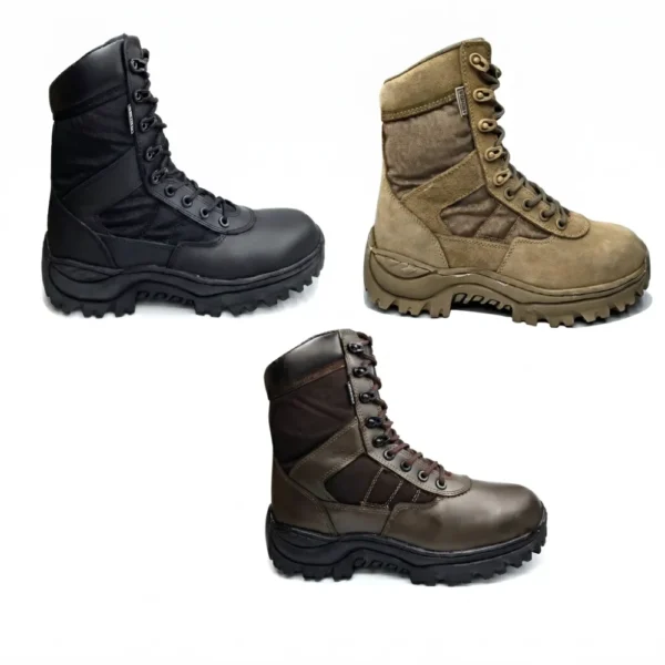 Bota tenis militar marca Nacional modelo Everest en colores negro, café y arena. Calzado de combate con suela antideslizante, cuero y lona reforzada para Ejército, Policía y trabajo rudo en Colombia. Envíos a Bogotá, Medellín, Cali