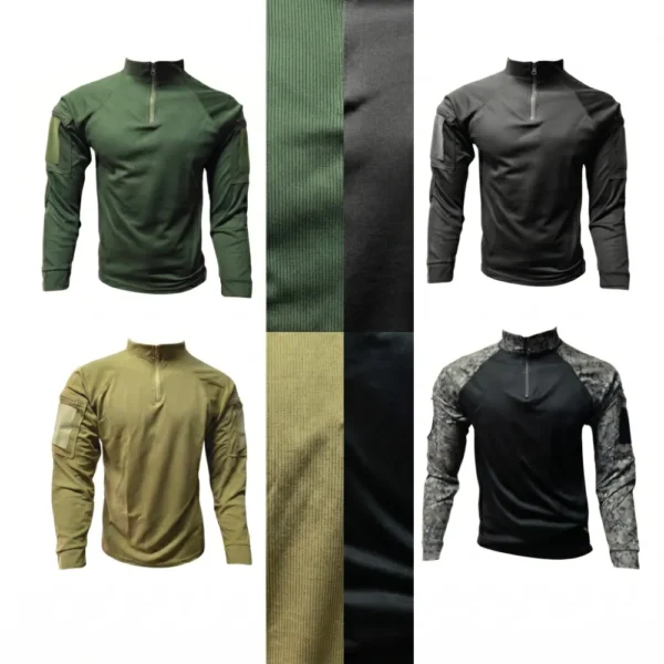 Buzo táctico licrado tipo combat shirt con cierre media cremallera, cuello mao y bolsillos en mangas con velcro. Disponible en verde olivo, negro, coyote y camuflado digital. Ideal para uso bajo chaleco antibala, entrenamiento físico y operaciones tácticas en Colombia. Envíos a Bucaramanga, Cúcuta, Ocaña y Barrancabermeja.