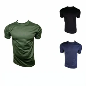 Camiseta táctica licrada manga corta tipo dry fit disponible en verde oliva, negro y azul oscuro. Prenda de secado rápido ideal para entrenamiento físico, uso bajo chaleco y actividades outdoor en Colombia. Envíos a Cúcuta, Pasto, Neiva y Popayán.