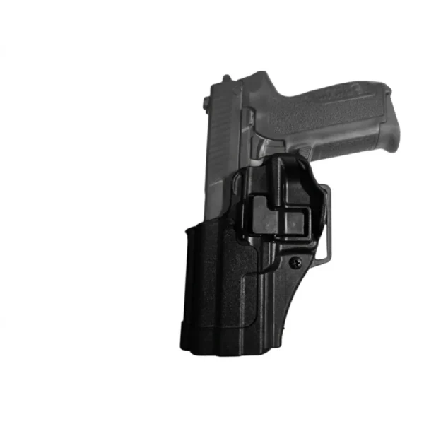 Holster táctico Blackhawk SERPA CQC Nivel 2 en polímero negro mate para pistola S&W M&P Shield. Funda de extracción rápida con bloqueo automático por dedo índice, diseñada específicamente para zurdos. Incluye presilla para cinturón y pala. Cali, Medellin, Bogota, Palmira, Tulua, Cartago, Pereira. Army Store, tienda Tactica.