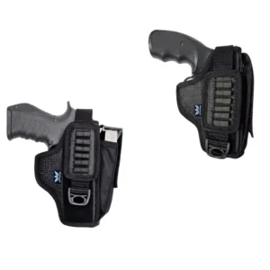 Chapuza externa de lona negra tipo funda de cintura con portacargador integrado y sistema MOLLE. Holster de nylon ajustable universal para pistolas semiautomáticas, ideal para policía, seguridad privada y porte oculto. Cali, Medellin, Bogota, Palmira, Tulua, Cartago, Pereira. Army Store, tienda Tactica.