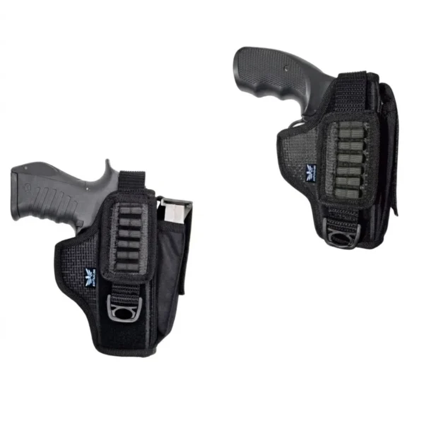 Chapuza externa de lona negra tipo funda de cintura con portacargador integrado y sistema MOLLE. Holster de nylon ajustable universal para pistolas semiautomáticas, ideal para policía, seguridad privada y porte oculto. Cali, Medellin, Bogota, Palmira, Tulua, Cartago, Pereira. Army Store, tienda Tactica.