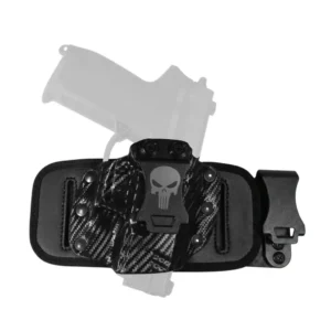Holster híbrido interno y externo en fibra de carbono negra con diseño Punisher y base de neopreno acolchada. Funda ajustable universal para pistolas 9mm como Glock, Sig Sauer y Beretta, ideal para porte oculto cómodo y seguro. Cali, Medellin, Bogota, Palmira, Tulua, Cartago, Pereira. Army Store, tienda Tactica.