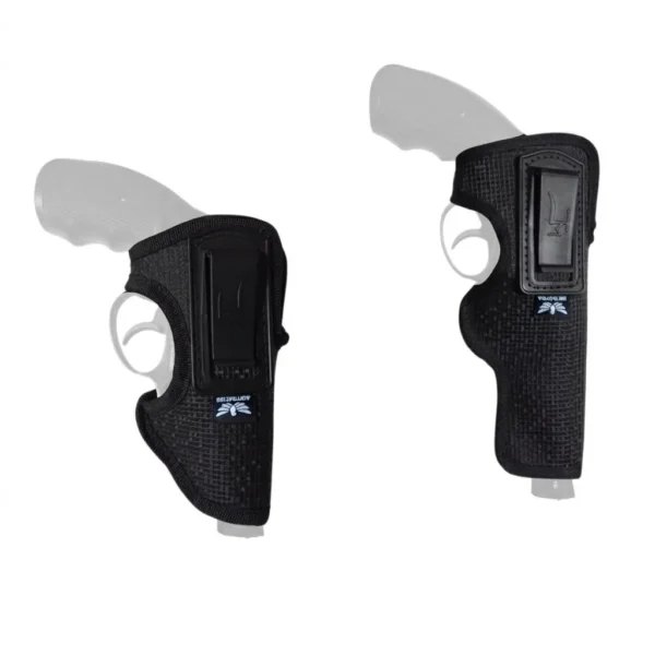 Chapuza interna acolchada negra para revólveres de cañón largo como Smith & Wesson Model 10 .38 Special. Funda de nylon transpirable con clip de cinturón ajustable para porte oculto cómodo y seguro. Cali, Medellin, Bogota, Palmira, Tulua, Cartago, Pereira. Army Store, tienda Tactica.