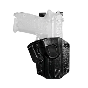 Holster universal Milfort de polímero rígido negro con sistema de retención ajustable. Funda táctica OWB compatible con Glock, Sig Sauer, Taurus, CZ y Beretta para porte operativo seguro. Cali, Medellin, Bogota, Palmira, Tulua, Cartago, Pereira. Army Store, tienda Tactica.