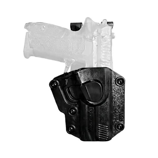 Holster universal Milfort de polímero rígido negro con sistema de retención ajustable. Funda táctica OWB compatible con Glock, Sig Sauer, Taurus, CZ y Beretta para porte operativo seguro. Cali, Medellin, Bogota, Palmira, Tulua, Cartago, Pereira. Army Store, tienda Tactica.