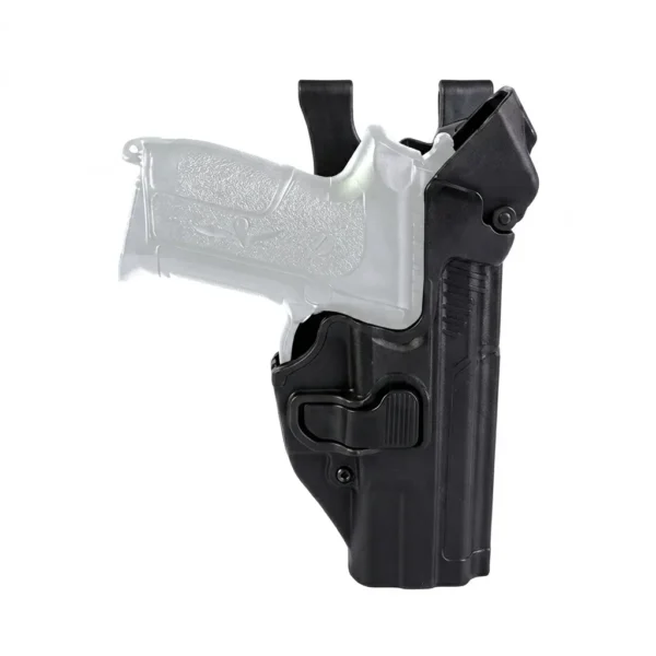 Holster universal Milfort Nivel III de polímero rígido negro con sistema de retención activa triple seguro. Funda ambidiestra compatible con Glock, Sig Sauer, Taurus, CZ y Beretta para porte operativo OWB. Cali, Medellin, Bogota, Palmira, Tulua, Cartago, Pereira. Army Store, tienda Tactica.