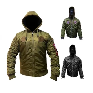 Chaqueta tipo bomber con capucha integrada y parches decorativos de la NASA. Disponible en colores Coyote, Verde Oliva y Negro. Prenda de abrigo ligera estilo aviador con cierre frontal y puños elásticos para uso urbano y outdoor. Cali, Medellin, Bogota, Palmira, Tulua, Cartago, Pereira. Army Store, tienda Tactica.