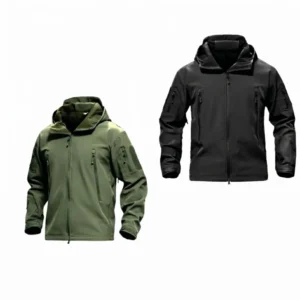 Chaqueta táctica softshell piel de tiburón en verde olivo y negro con forro polar térmico, capucha ajustable y paneles MOLLE en mangas. Prenda impermeable y transpirable con cremalleras de ventilación axilar para caza, senderismo y uso operacional. Cali, Medellin, Bogota, Palmira, Tulua, Cartago, Pereira. Army Store, tienda Tactica.
