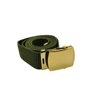 Correa de nylon tejido verde militar con hebilla dorada de latón macizo tipo ajuste infinito. Cinturón resistente y transpirable ideal para uniforme de gala, trabajo de campo, agricultura y uso diario unisex. Cali, Medellin, Bogota, Palmira, Tulua, Cartago, Pereira. Army Store, tienda Tactica.