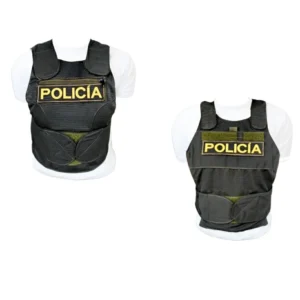 Forro chaleco portaplacas balísticas femenino para Policía Nacional confeccionado en tela Lafayette resistente. Diseño ajustado ergonómico para figura de dama con compartimento para placas y parche POLICÍA bordado en amarillo. Equipamiento táctico policial durable y cómodo. Cali, Medellin, Bogota, Palmira, Tulua, Cartago, Pereira. Army Store, tienda Tactica.
