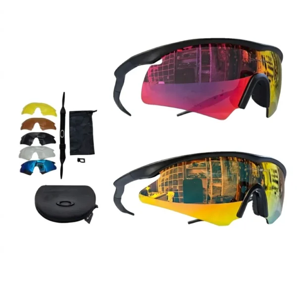 Kit de gafas tácticas estilo Oakley M Frame con montura negra y 5 lentes intercambiables (espejo, transparente, amarillo, ahumado). Protección UV400 polarizada ideal para tiro, airsoft, ciclismo y deportes extremos. Cali, Medellin, Bogota, Palmira, Tulua, Cartago, Pereira. Army Store, tienda Tactica.