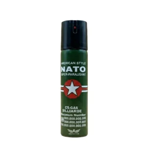 Spray de gas pimienta NATO grande de 110ml con fórmula CS-Gas super paralizante. Defensa personal de largo alcance tipo American Style con válvula de seguridad. Cali, Medellin, Bogota, Palmira, Tulua, Cartago, Pereira. Army Store, tienda Tactica.