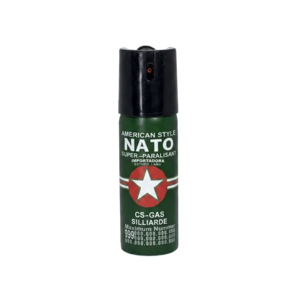 Spray de gas pimienta NATO mediano de 60ml con fórmula CS-Gas super paralizante. Defensa personal compacta tipo American Style ideal para porte diario en bolso o bolsillo. Cali, Medellin, Bogota, Palmira, Tulua, Cartago, Pereira. Army Store, tienda Tactica.