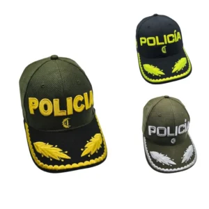 Gorra beisbolera oficial para oficiales superiores de policía (Mayor, Tte. Coronel, Coronel) con bordado en relieve 'POLICÍA' y hojas de laurel. Disponible en verde oliva, azul oscuro y gris. Alta calidad institucional. Cali, Medellin, Bogota, Palmira, Tulua, Cartago, Pereira. Army Store, tienda Tactica.
