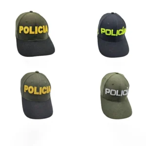 Gorra de patrullero para Policía Nacional en tela Lafayette azul oscuro y malla wiki ventilada. Bordado POLICIA amarillo/neón disponible en azul y gris. Ideal para servicio diario, patrullaje y clima tropical. Cali, Medellin, Bogota, Palmira, Tulua, Cartago, Pereira. Army Store, tienda Tactica.