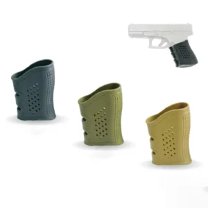 Funda de grip antideslizante de caucho para pistolas Glock Generación 1-4. Reduce retroceso y mejora agarre con guantes. Disponible en negro, verde OD y arena. Instalación por deslizamiento. Cali, Medellin, Bogota, Palmira, Tulua, Cartago, Pereira. Army Store, tienda Tactica.