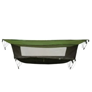 Hamaca de camping tipo militar verde con toldillo impermeable y mosquitera integrada. Incluye cuerdas y ganchos. Base de lona algodón, techo poliéster. Capacidad 100kg, ideal para selva y outdoor. Cali, Medellin, Bogota, Palmira, Tulua, Cartago, Pereira. Army Store, tienda Tactica.