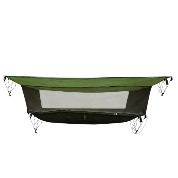 Hamaca de camping tipo militar verde con toldillo impermeable y mosquitera integrada. Incluye cuerdas y ganchos. Base de lona algodón, techo poliéster. Capacidad 100kg, ideal para selva y outdoor. Cali, Medellin, Bogota, Palmira, Tulua, Cartago, Pereira. Army Store, tienda Tactica.