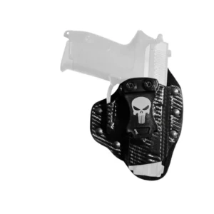 Holster doble propósito universal interno y externo en fibra de carbono negra con diseño Punisher. Funda ajustable compatible con más de 80 modelos de pistolas 9mm como Glock, Sig Sauer, Beretta y CZ para diestros. Cali, Medellin, Bogota, Palmira, Tulua, Cartago, Pereira. Army Store, tienda Tactica.