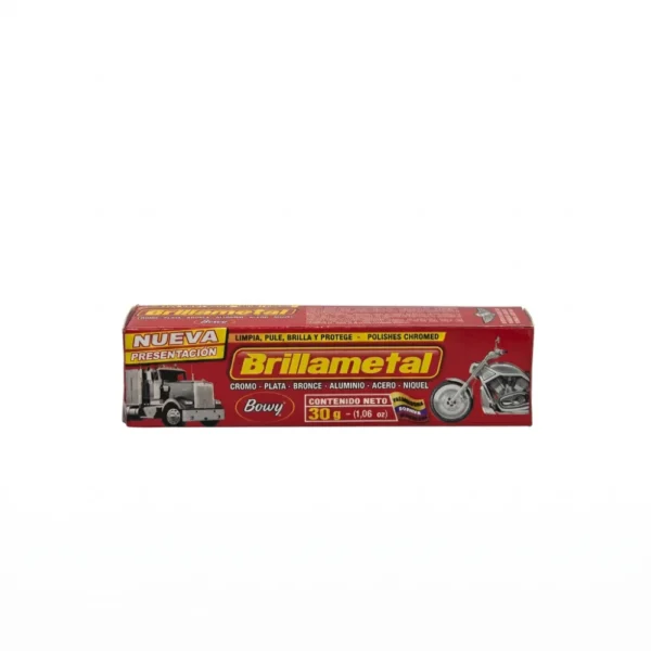 Caja de pasta abrillantadora Brillametal Bowy de 30 gramos para limpiar, pulir y proteger metales como cromo, plata, bronce, acero, níquel y cobre. Ideal para mantenimiento de accesorios tácticos, navajas y objetos metálicos en Colombia.