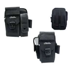 Porta celular y radio táctico vertical en lona negra reforzada con parche POLICIA y sistema MOLLE. Funda acolchada con cierre de seguridad para cinturón de servicio, modelos amplio y compacto. Cali, Medellin, Bogota, Palmira, Tulua, Cartago, Pereira. Army Store, tienda Tactica.