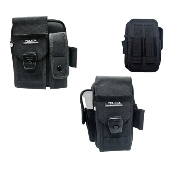 Porta celular y radio táctico vertical en lona negra reforzada con parche POLICIA y sistema MOLLE. Funda acolchada con cierre de seguridad para cinturón de servicio, modelos amplio y compacto. Cali, Medellin, Bogota, Palmira, Tulua, Cartago, Pereira. Army Store, tienda Tactica.
