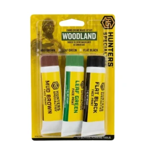 Kit de maquillaje de camuflaje facial Hunters Specialties Woodland con 3 tubos: Mud Brown, Leaf Green y Flat Black. Pintura facial resistente al clima para caza, táctico y outdoor. Fácil aplicación. Cali, Medellin, Bogota, Palmira, Tulua, Cartago, Pereira. Army Store, tienda Tactica.