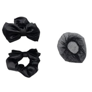 Kit de 3 piezas reglamentarias para cabello femenino: moña grande con lazo, scrunchie con lazo pequeño y red para cabello. Todo en negro satinado para uniforme de Policía Nacional y fuerzas armadas. Cali, Medellin, Bogota, Palmira, Tulua, Cartago, Pereira. Army Store, tienda Tactica.