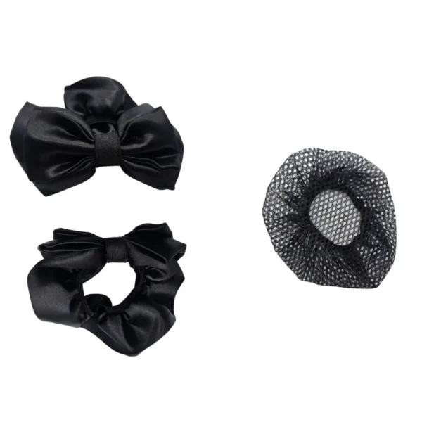 Kit de 3 piezas reglamentarias para cabello femenino: moña grande con lazo, scrunchie con lazo pequeño y red para cabello. Todo en negro satinado para uniforme de Policía Nacional y fuerzas armadas. Cali, Medellin, Bogota, Palmira, Tulua, Cartago, Pereira. Army Store, tienda Tactica.