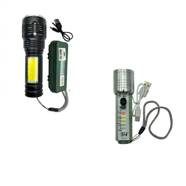 Linterna táctica recargable con panel COB LED y función power bank para cargar celulares. Disponible en negro y translúcido con batería integrada y cable USB. Potente, portátil y multifuncional para emergencias, camping y EDC. Cali, Medellin, Bogota, Palmira, Tulua, Cartago, Pereira. Army Store, tienda Tactica.