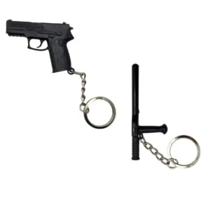 Llaveros Milfort en forma de pistola negra y tonfa/bastón policial con cadena metálica. Accesorios coleccionables y promocionales estilo táctico/security. Cali, Medellin, Bogota, Palmira, Tulua, Cartago, Pereira. Army Store, tienda Tactica.