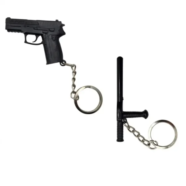 Llaveros Milfort en forma de pistola negra y tonfa/bastón policial con cadena metálica. Accesorios coleccionables y promocionales estilo táctico/security. Cali, Medellin, Bogota, Palmira, Tulua, Cartago, Pereira. Army Store, tienda Tactica.