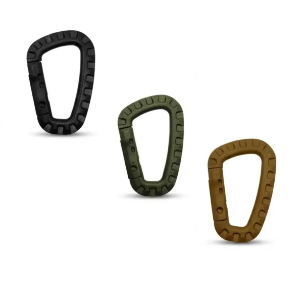 Mosquetones tácticos de polímero ABS en negro, verde oliva y coyote tan. Set de 6 unidades con capacidad 200 libras para MOLLE, mochilas y llaveros. Ligeros y resistentes para camping, senderismo y outdoor. Cali, Medellin, Bogota, Palmira, Tulua, Cartago, Pereira. Army Store, tienda Tactica.
