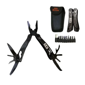 Multiherramienta Gerber Bear Grylls BG negra con pinzas, cuchillas, destornilladores y 8 bits intercambiables. Alicate multiusos de acero 440 con funda de lona. 20 funciones en 10.5 cm cerrado. Cali, Medellin, Bogota, Palmira, Tulua, Cartago, Pereira. Army Store, tienda Tactica.