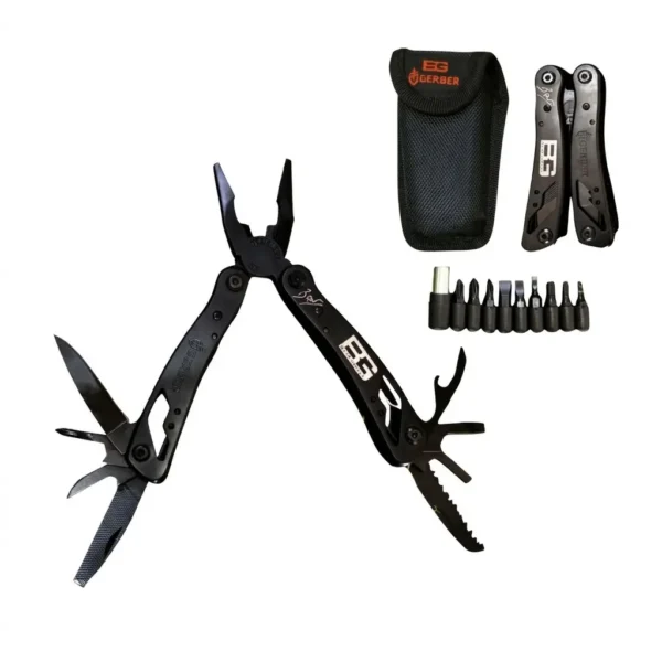 Multiherramienta Gerber Bear Grylls BG negra con pinzas, cuchillas, destornilladores y 8 bits intercambiables. Alicate multiusos de acero 440 con funda de lona. 20 funciones en 10.5 cm cerrado. Cali, Medellin, Bogota, Palmira, Tulua, Cartago, Pereira. Army Store, tienda Tactica.