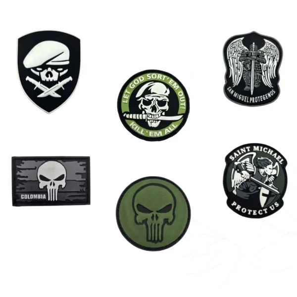 Parches tácticos de PVC/PVS impermeables con diseños 3D: calavera con boina y dagas, San Miguel Arcángel, Punisher Colombia y Kill Em All. Con velcro trasero para morrales, chalecos y gorras tácticas. Cali, Medellin, Bogota, Palmira, Tulua, Cartago, Pereira. Army Store, tienda Tactica.
