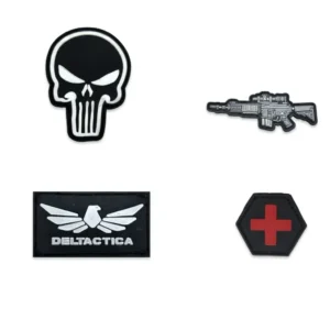 Parches tácticos de PVC/PVS impermeables en negro con diseños 3D: calavera Punisher, rifle de asalto, Delta Tactica con águila y cruz roja médica. Con velcro trasero para morrales, chalecos y gorras tácticas. Cali, Medellin, Bogota, Palmira, Tulua, Cartago, Pereira. Army Store, tienda Tactica.